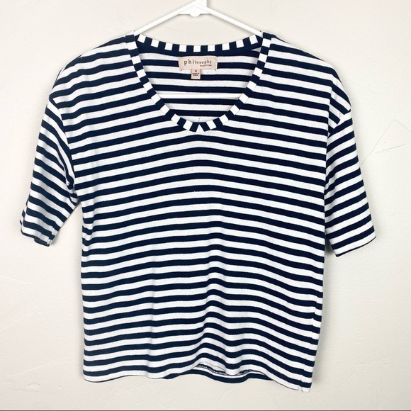 Philosophy | Blue and White Striped Quarter Length Sleeve Cropped T-Shirt - Picture 1 of 3